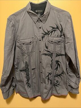 INC International Concepts Gray Shirt Jacket with Black Tribal Embroidery